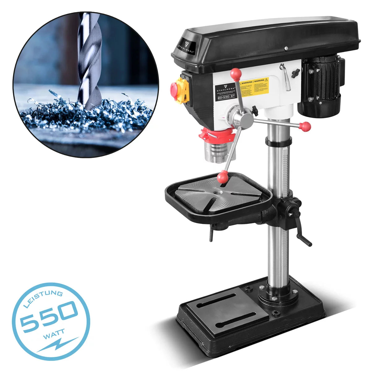 Perceuse à colonne STAHLWERK BD-550 ST | Perceuse à colonne robuste de 550 W pour le bricolage et la construction métallique | Diamètre de perçage Ø 16 mm | 200 - 2 800 tr/min | Table de perçage robuste et base en métal pour plus de stabilité