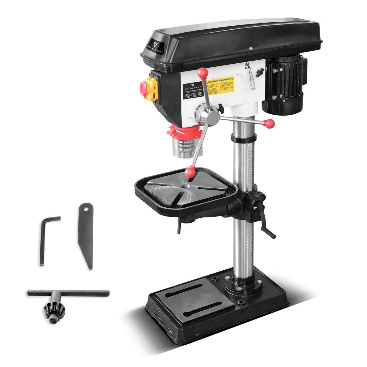 Perceuse à colonne STAHLWERK BD-550 ST | Perceuse à colonne robuste de 550 W pour le bricolage et la construction métallique | Diamètre de perçage Ø 16 mm | 200 - 2 800 tr/min | Table de perçage robuste et base en métal pour plus de stabilité