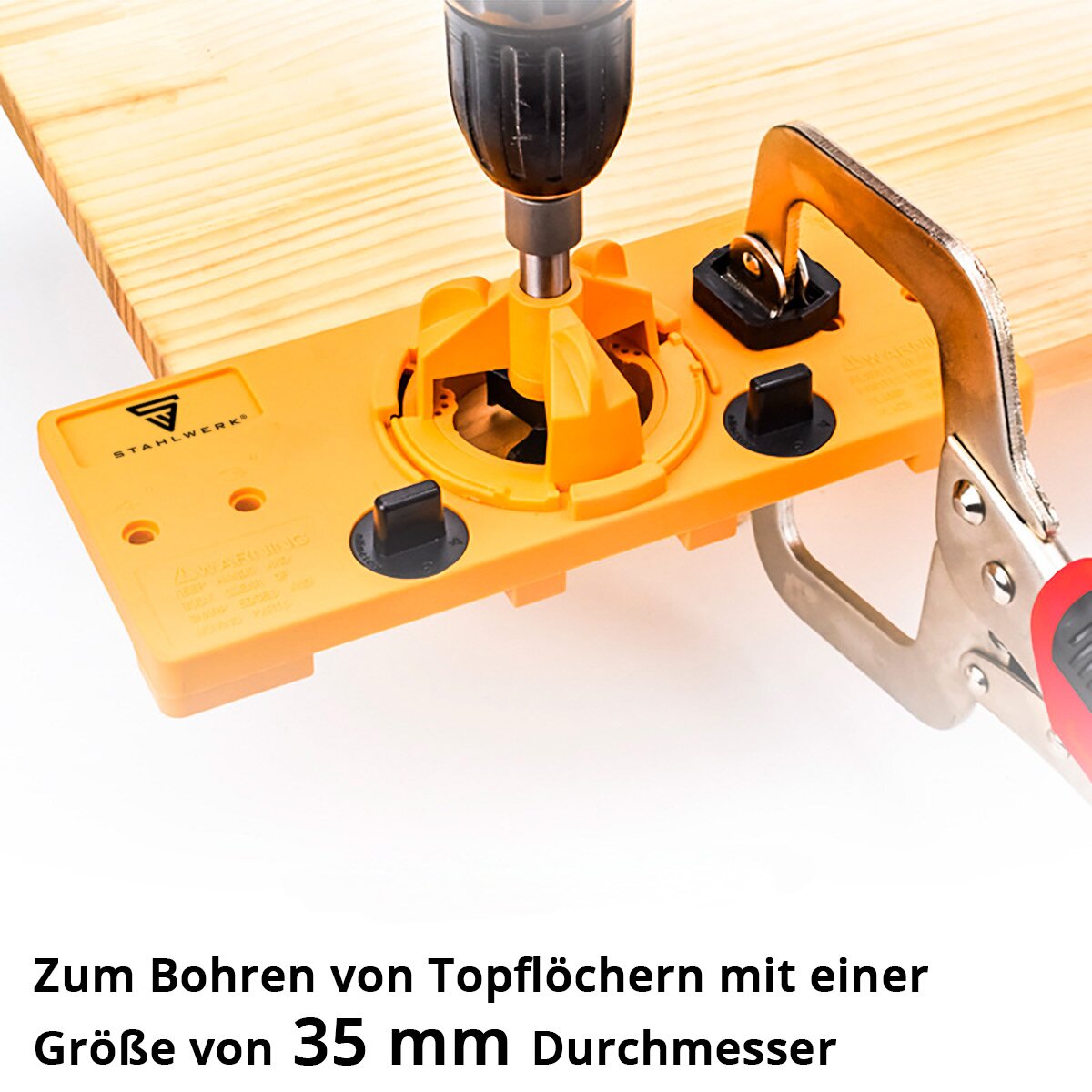 STAHLWERK Topfband-Bohrschablone mit 35 mm Forstnerbohrer Scharnierlochbohrer | Bohrhilfe | Bohrführung | Bohrlehre zum Bohren von Scharnierlöchern