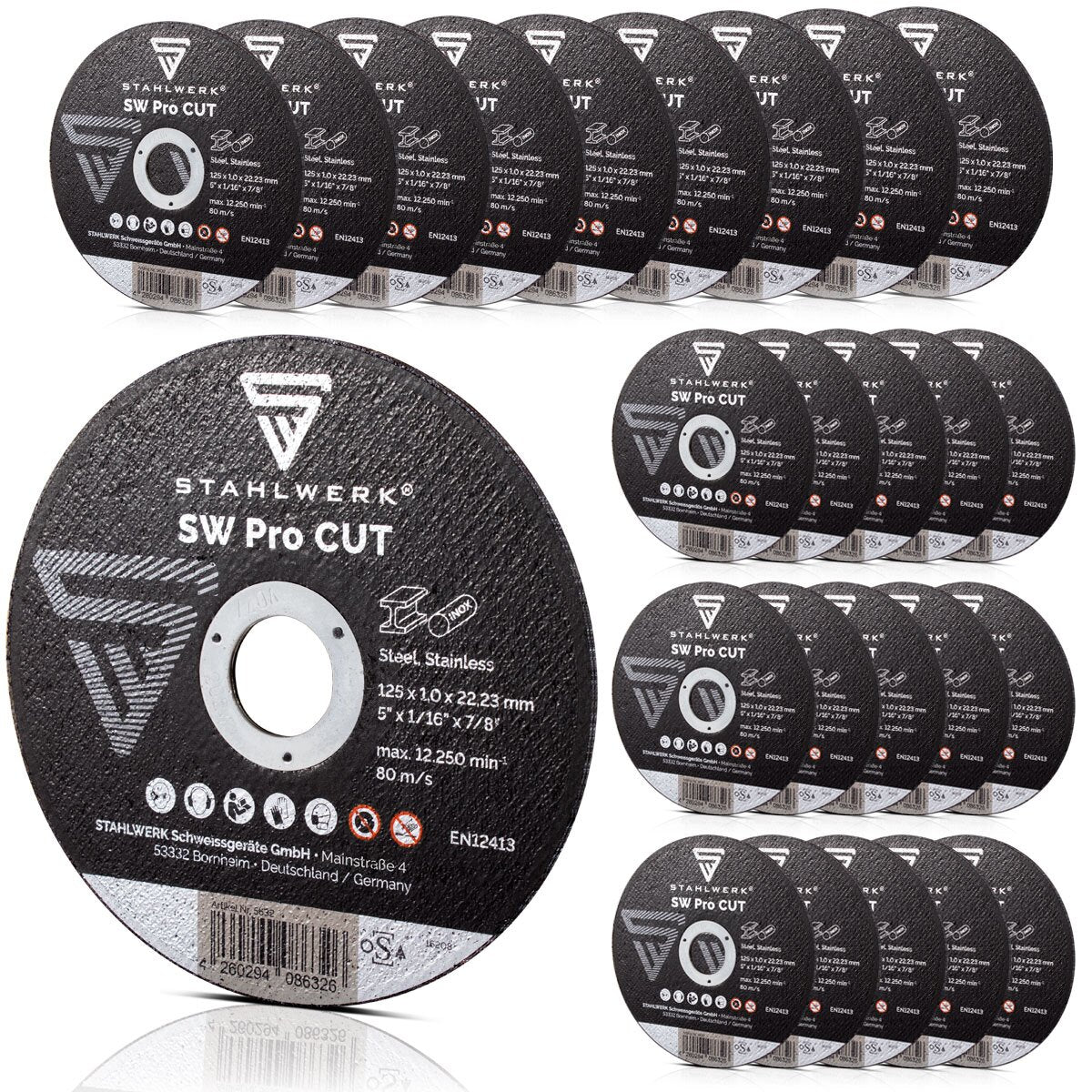 قرص قطع STAHLWERK SW Pro CUT مجموعة من 25 125 × 1.0 × 22.23 ملم | أقراص صنفرة مقاس 5 بوصة × 3/64 × 7/8 بوصة | أقراص مرنة لجلاخة الزوايا لقطع الفولاذ والفولاذ المقاوم للصدأ والألومنيوم والمعادن غير الحديدية