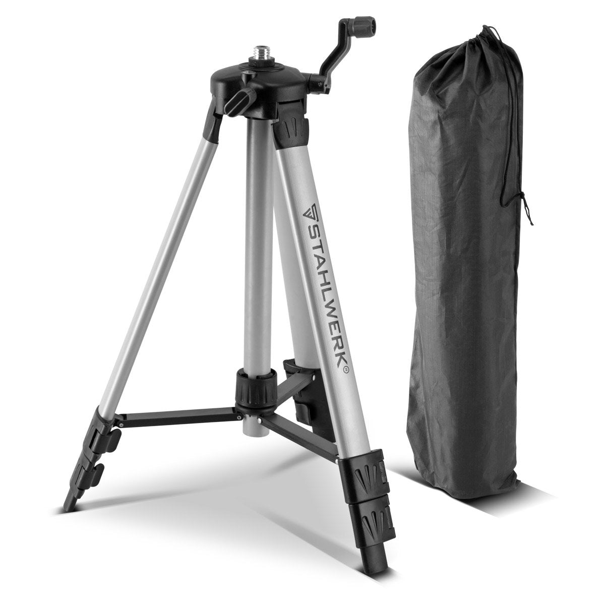 STAHLWERK Universal-Stativ für den STAHLWERK Kreuzlinienlaser KL-5 ST Teleskopstativ / Stativ / Dreibein-Stativ mit ausfahrbarer 280 mm Mittel-Säule, Kurbel und Nivellierlibelle