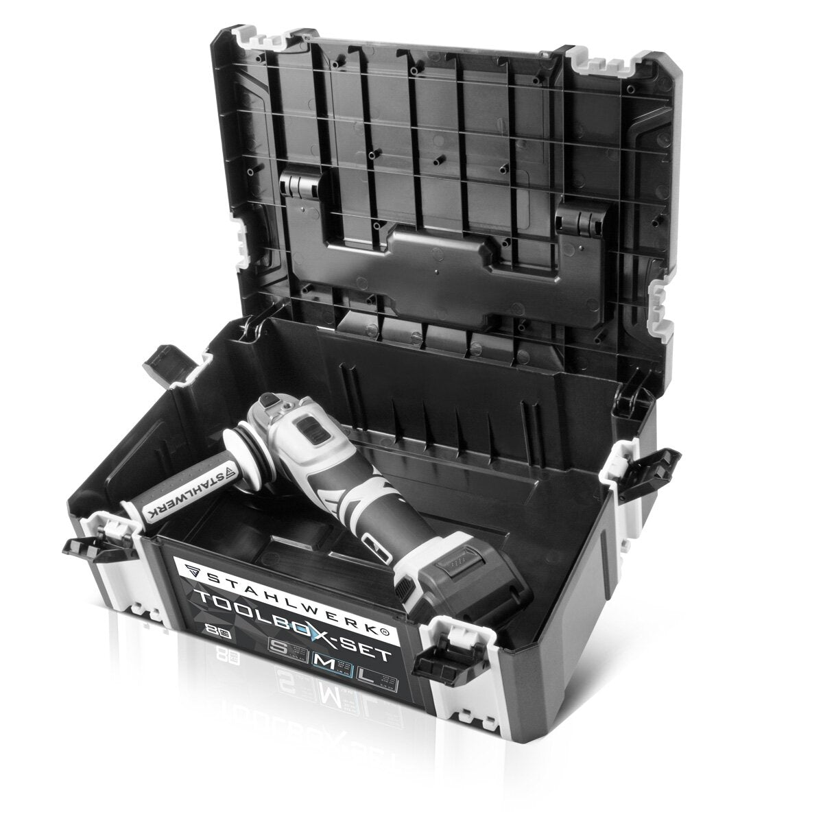 Steelworks Universal Toolbox size M 443 x 310 x 151 mm stackable system box | Tool box | Tool case | Tool organizer in the module system made of highly resilient ABS plastic with a handle
