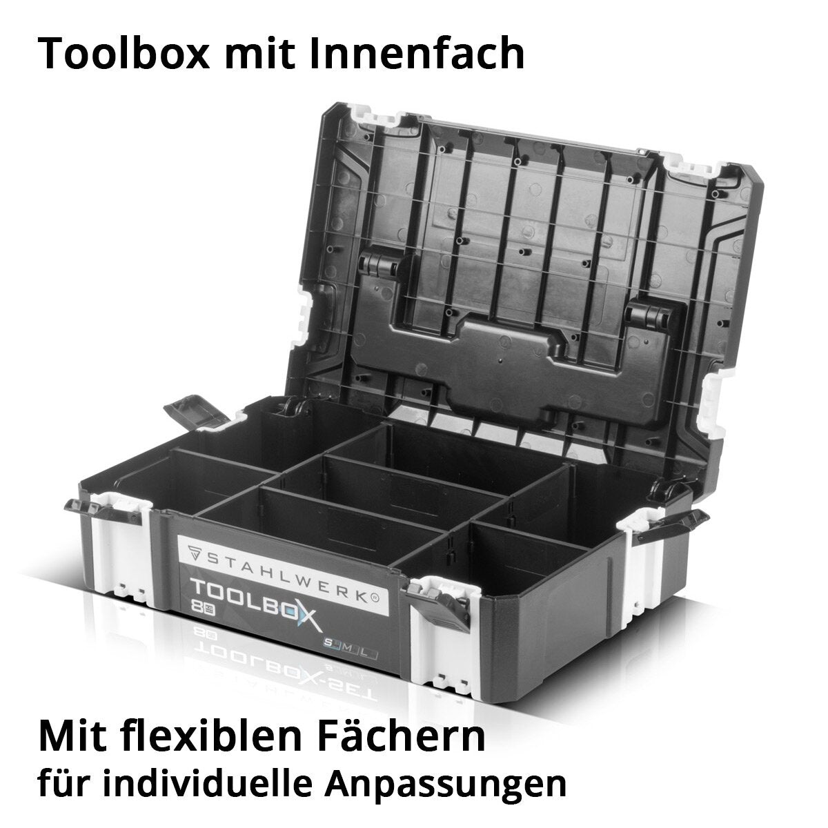 STAHLWERK Universal Toolbox mit Innenfach Größe S 443 x 310 x 128 mm stapelbare Systembox | Werkzeugkiste | Werkzeug-Organizer im Modul-System aus hochbelastbarem ABS-Kunststoff mit Tragegriff