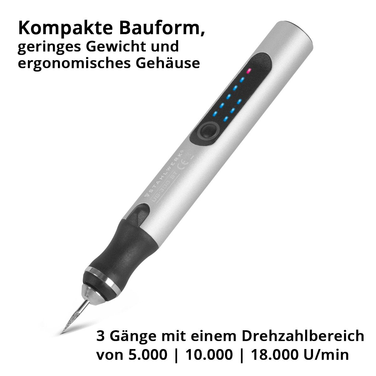 STAHLWERK USB-Gravierstift UG-300 ST mit 8 W Akku-Gravierer | Gravurstift | Graviergerät | Gravurgerät | Fräser | Gravurwerkzeug mit 3 Gängen und bis zu 18.000 U/min für präzise Graveurarbeiten