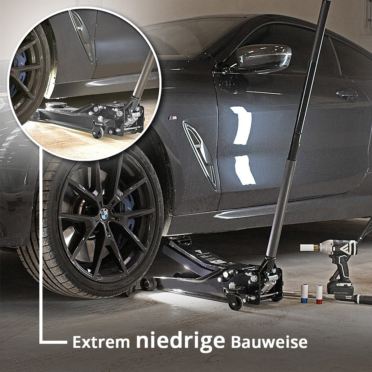 STAHLWERK Hydraulischer Wagenheber WHF-30 ST mit 3 t Tragkraft und Doppelhubkolben, Hubbereich 75-510 mm extra flacher Rangierwagenheber | Autoheber für Kfz Reifenwechsel
