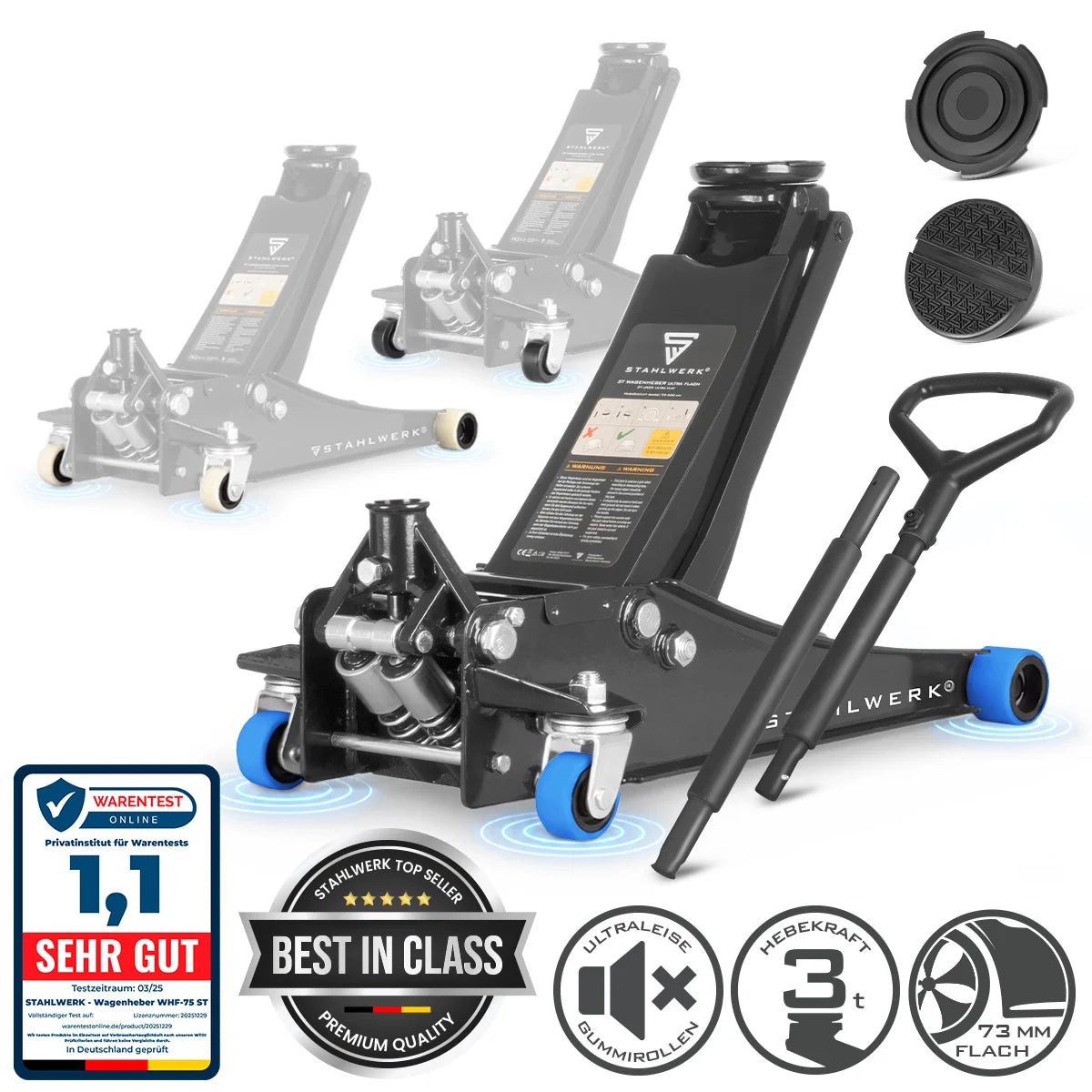 STAHLWERK Wagenheber WHB-73 ST | 3 t Tragkraft | Doppelhubkolben | 73-500 mm Hubhöhe | Extra flacher Rangierwagenheber | Hydraulik-Wagenheber | Schwarzer Autoheber | Blaue Silent-Rollen | 2 Gummipads