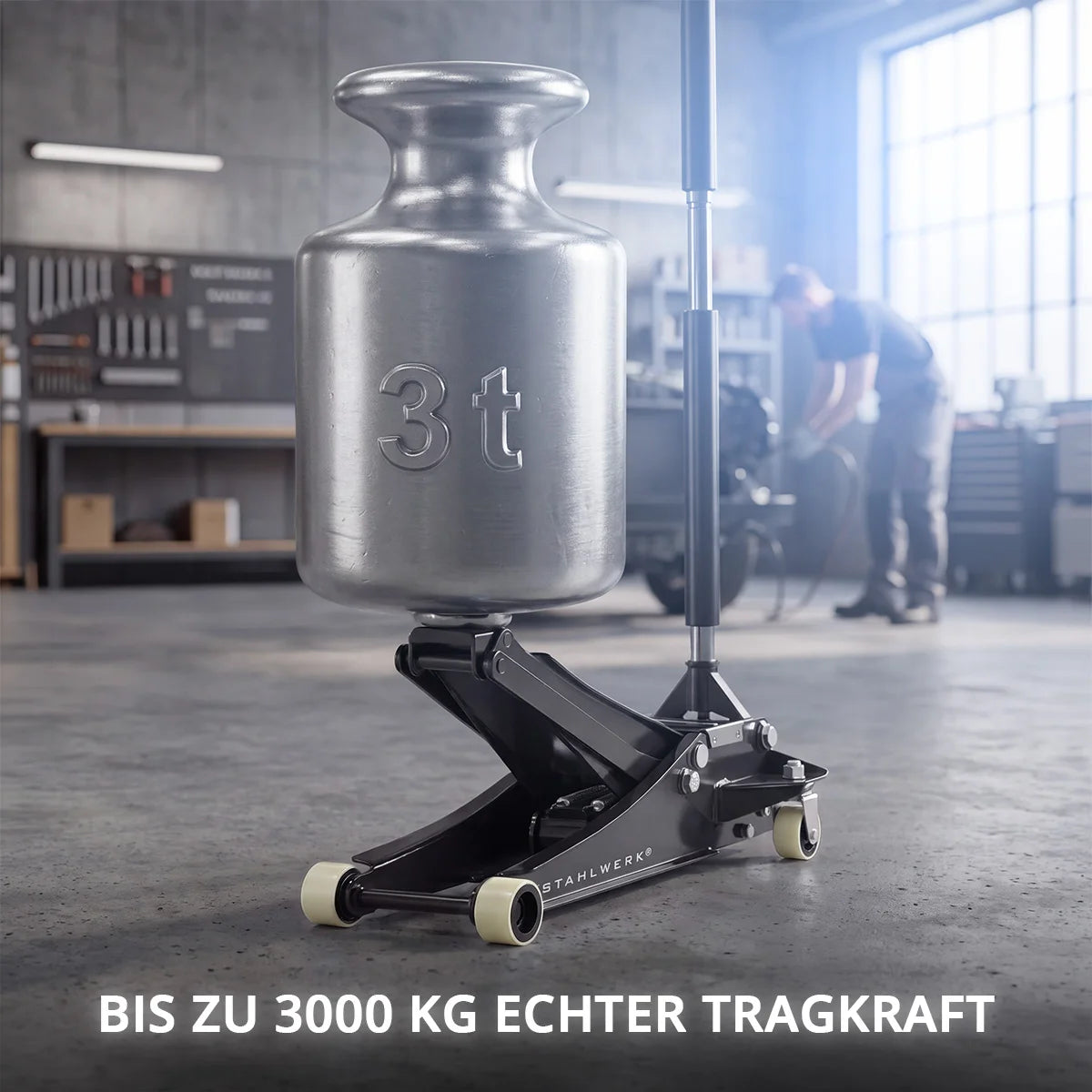 STAHLWERK Wagenheber WHB-73 ST | 3 t Tragkraft | Doppelhubkolben | 73-500 mm Hubhöhe | Extra flacher Rangierwagenheber | Hydraulik-Wagenheber | Schwarzer Autoheber | Weisse Silent-Rollen | 2 Gummipads