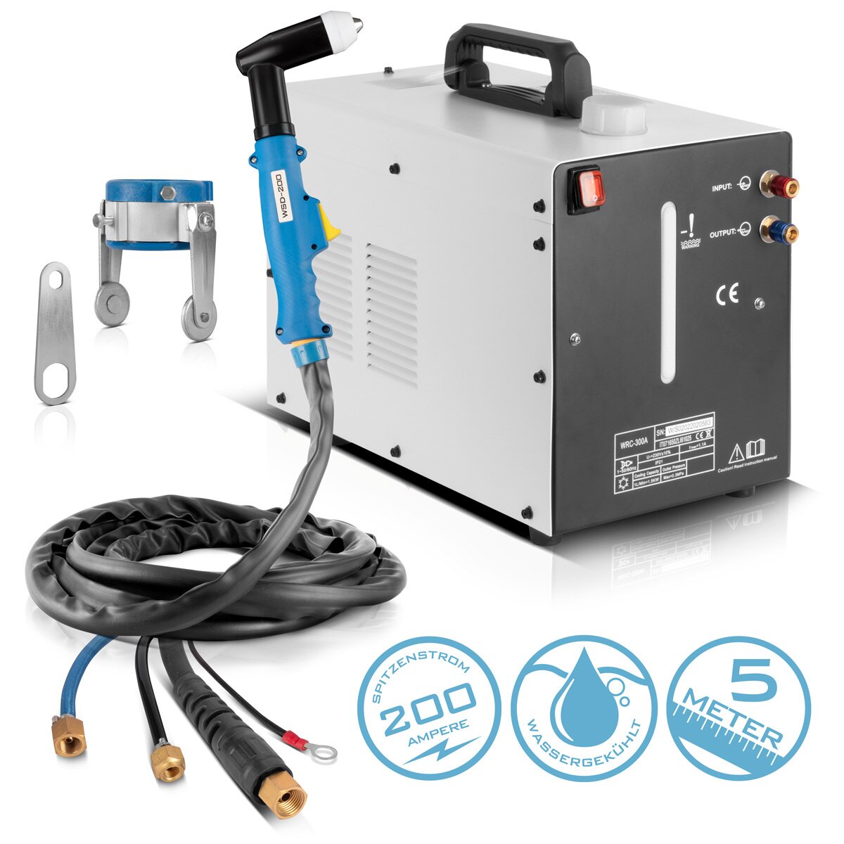 Stahlwerk WSD-200 Brûleurs de coupe en plasma refroidis par eau jusqu'à 200 un brûleur de coupe coupé | Plasma Grenner avec un ensemble de tuyaux de 5 m et une entretoise séparée, y compris un refroidisseur d'eau avec un réservoir de 370 W et 6 L