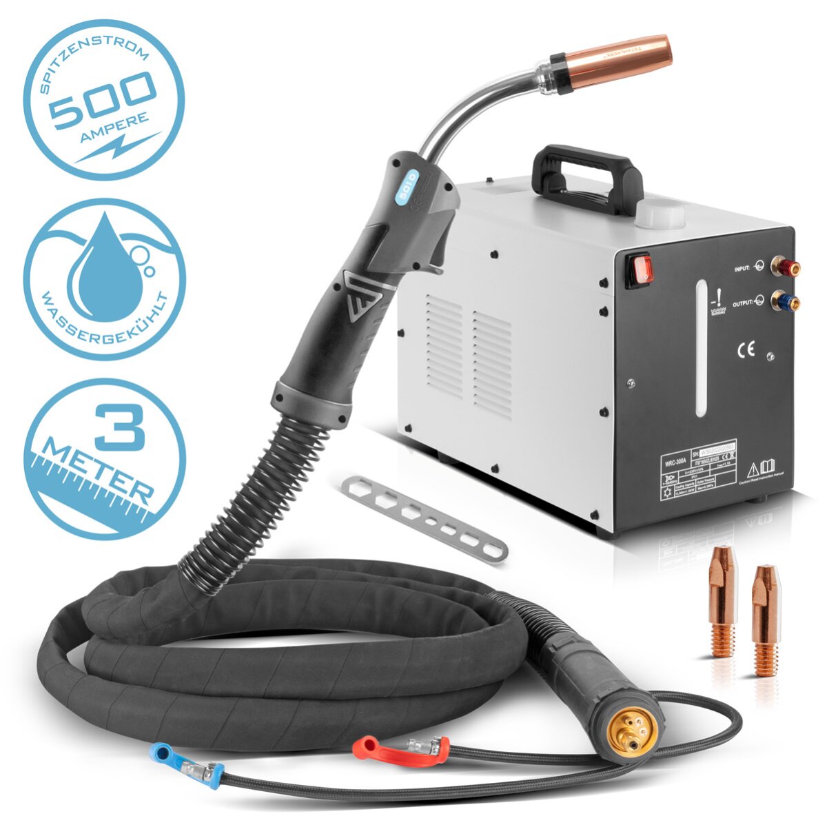 L'eau de moulin à acier - refroidissement MIG Mag Torche AK501D | MB501D à 500 A avec un paquet de tuyaux à gaz protecteur de 3 m et une connexion centrale en euros, y compris un refroidisseur d'eau avec un réservoir de 370 W et 6 L