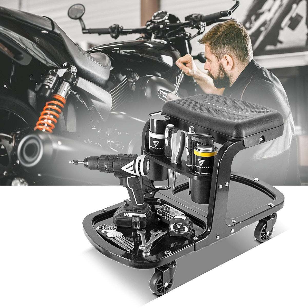 STAHLWERK Werkstatthocker WRS-135 ST bis 135 kg belastbar mit zwei Dosen- / Flaschenhaltern, Ablagemulden, Werkzeughalter und Tuchhalterung, Werkstattrollsitz / Rollsitz mit kugelgelagerten Leichtlauf-Lenkrollen
