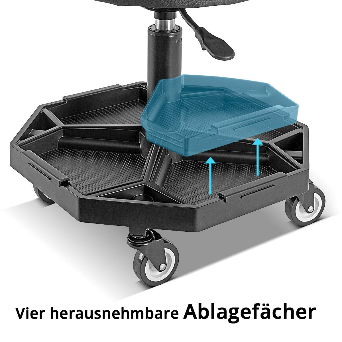 Steelworks height-adjustable workshop stool WRH-136 ST up to 136 kg resilient, 40-54 cm seat height, with four removable storage compartments, rolling seat / roller stool with ball-bearing light row rollers