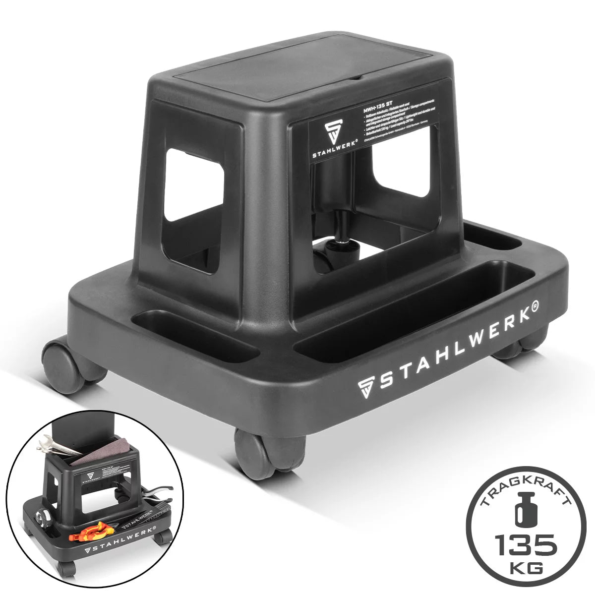 Sgabello da officina STAHLWERK MWH-135 ST | Capacità di carico 135 kg | Sedile da officina arrotolabile con ruote piroettanti e scomparto interno | Sedia da officina leggera | Robusto sgabello da officina con vani portaoggetti
