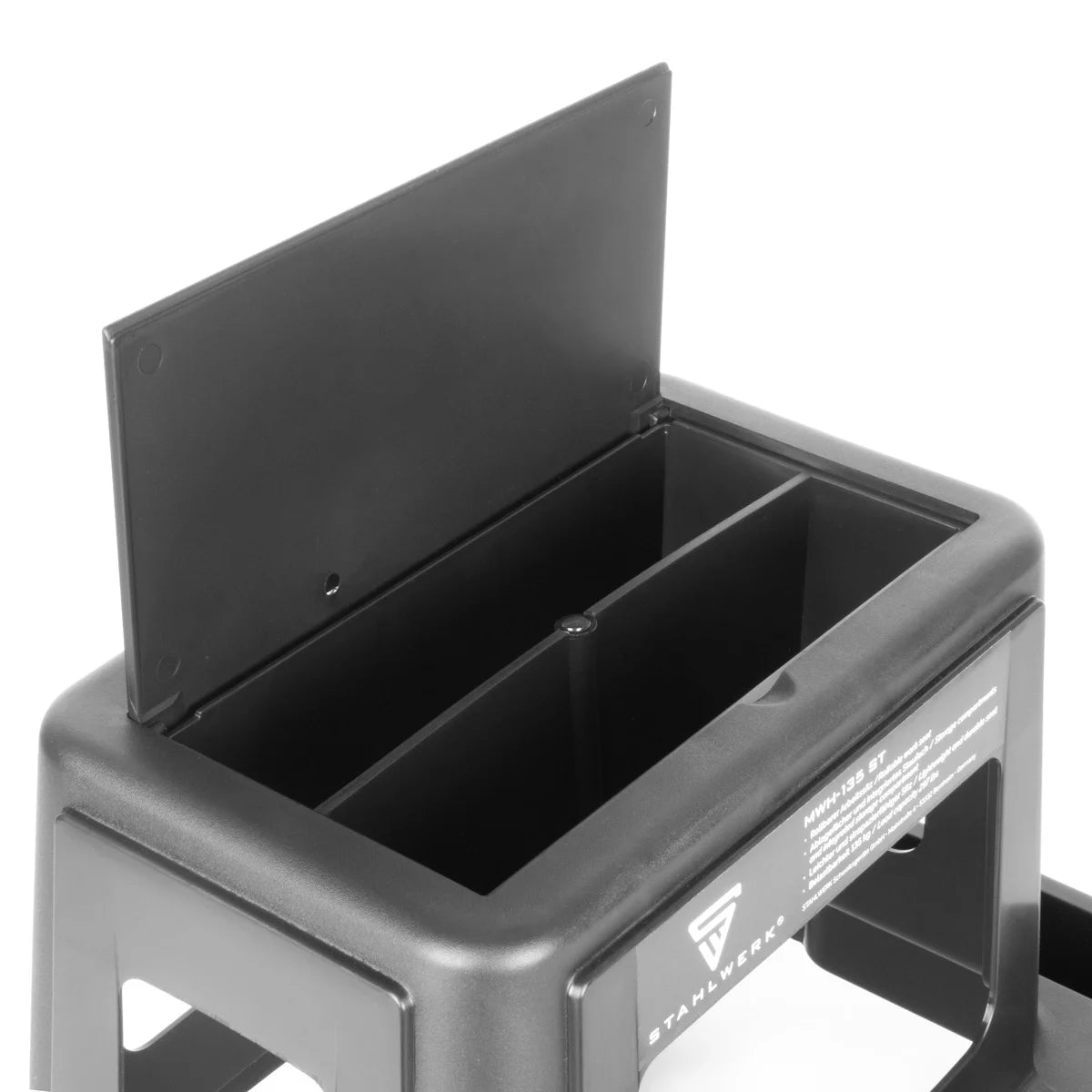 Sgabello da officina STAHLWERK MWH-135 ST | Capacità di carico 135 kg | Sedile da officina arrotolabile con ruote piroettanti e scomparto interno | Sedia da officina leggera | Robusto sgabello da officina con vani portaoggetti