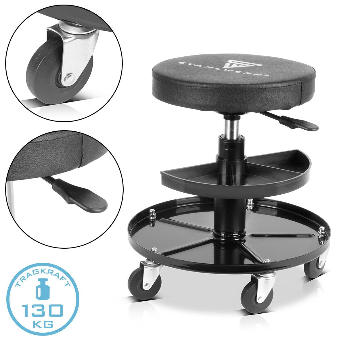 Steelworks workshop stool WRH-295 ST with 130 kg load capacity height-adjustable workshop seat | Workshop chair | Roll stool | Work stools | Ruard stool with easy-running steering rollers and storage troughs
