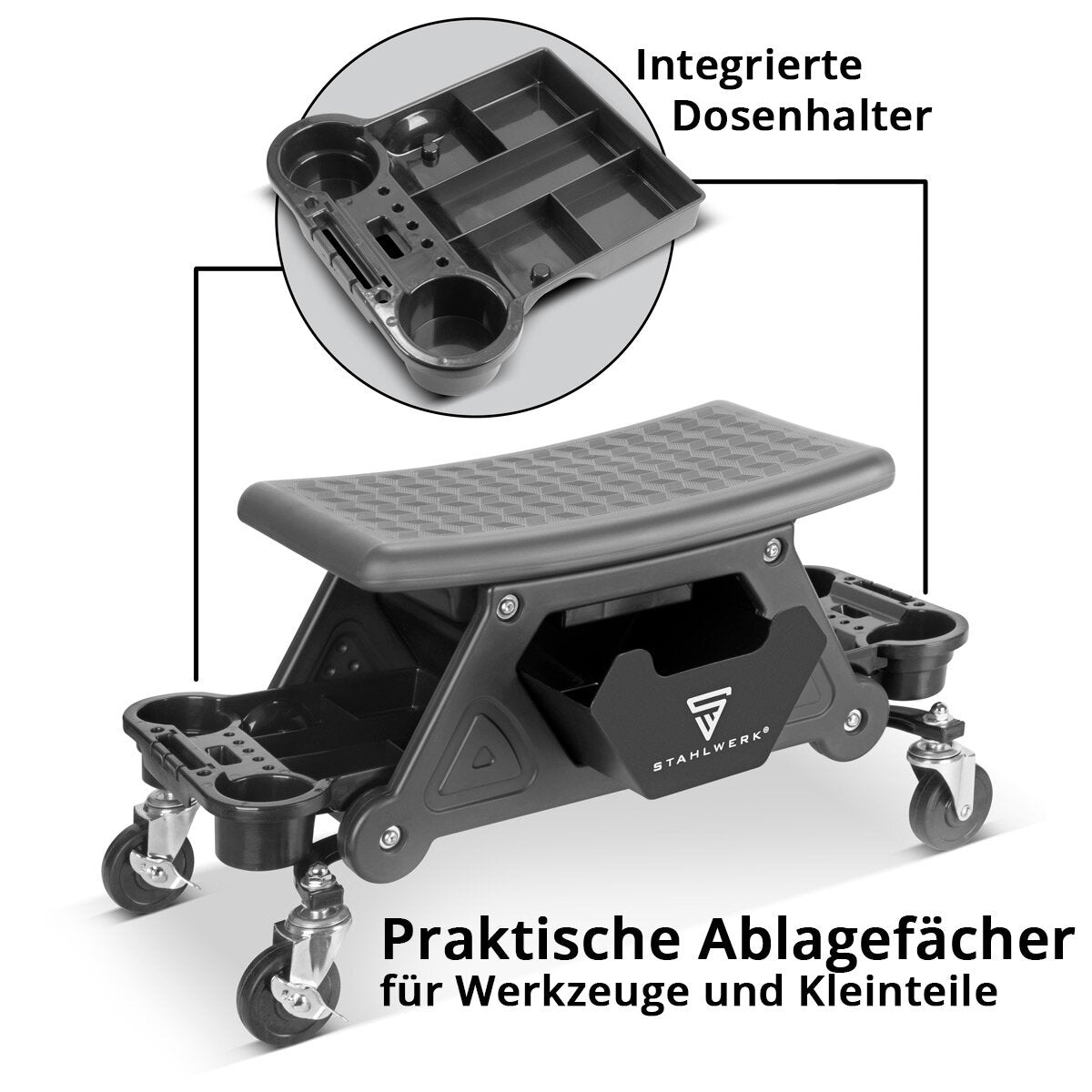 Stahlwerk workshop stool WRS-185 with 185 kg load capacity workshop Workshop chair | Roll stool | Workshop trolling seat with drawer, storage compartments, easy-running steering rollers and can holders
