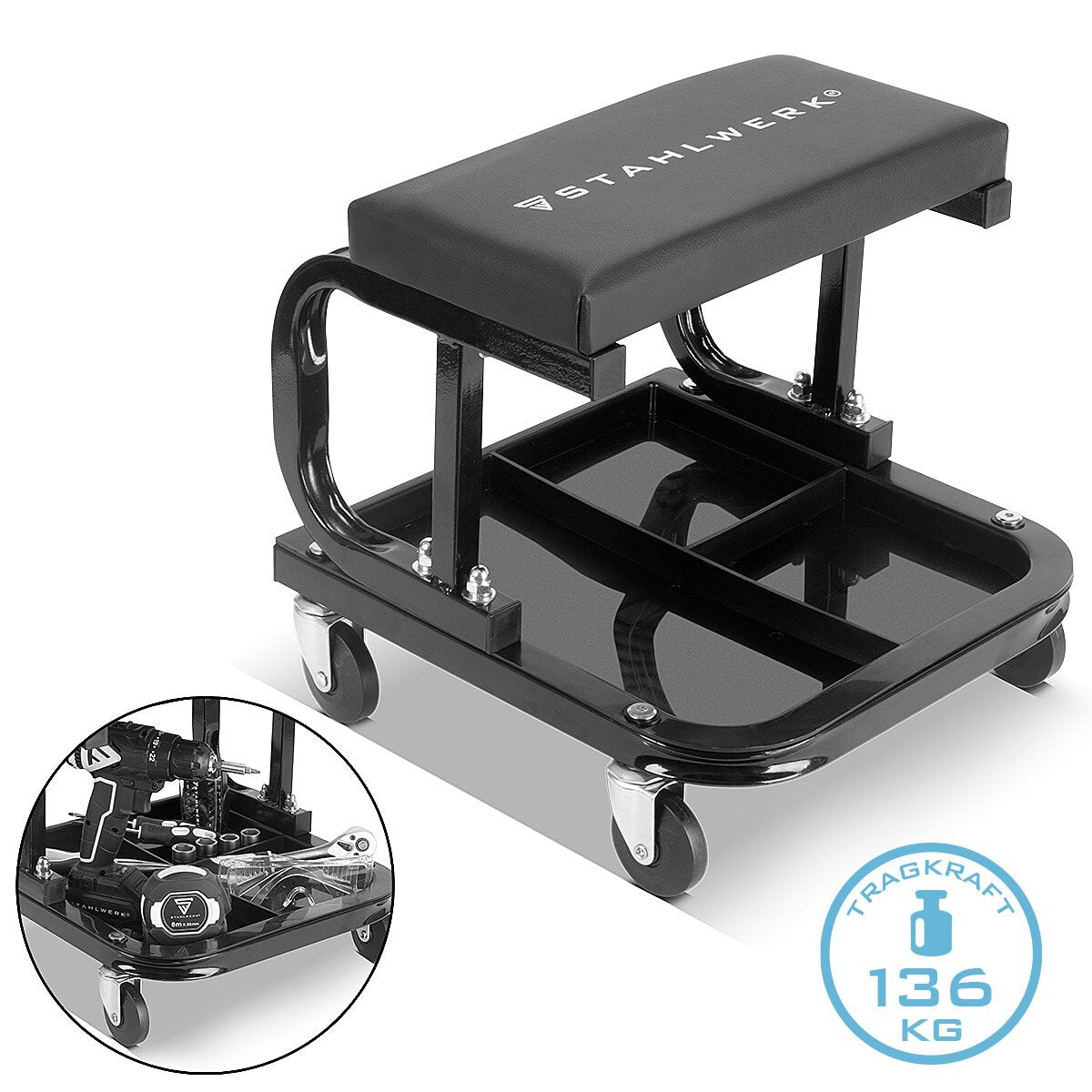 Taller de Steelworks Taller WRS-35 St con 136 kg Capacidad de carga Taller Taller Silla | Taburete de rollo | Heces de trabajo | Asiento de troll de taller con rodillos de dirección descuidados y comederos de almacenamiento prácticos