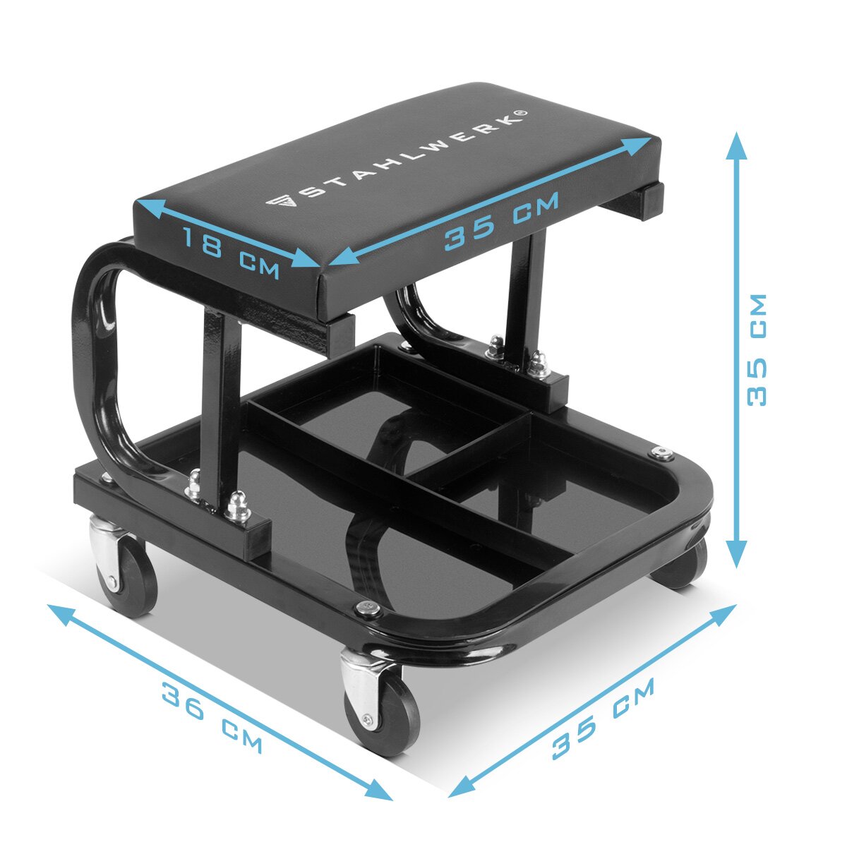 Taller de Steelworks Taller WRS-35 St con 136 kg Capacidad de carga Taller Taller Silla | Taburete de rollo | Heces de trabajo | Asiento de troll de taller con rodillos de dirección descuidados y comederos de almacenamiento prácticos