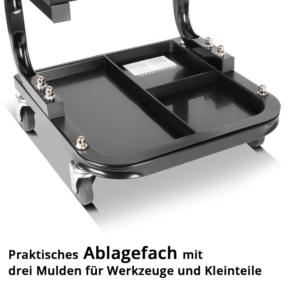 STAHLWERK workshop stool MWH-118 ST | 118 kg load capacity | Rollable workshop seat | Workshop chair | Rolling stool | Work stool | Workshop rolling seat with smooth-running swivel castors and storage recesses