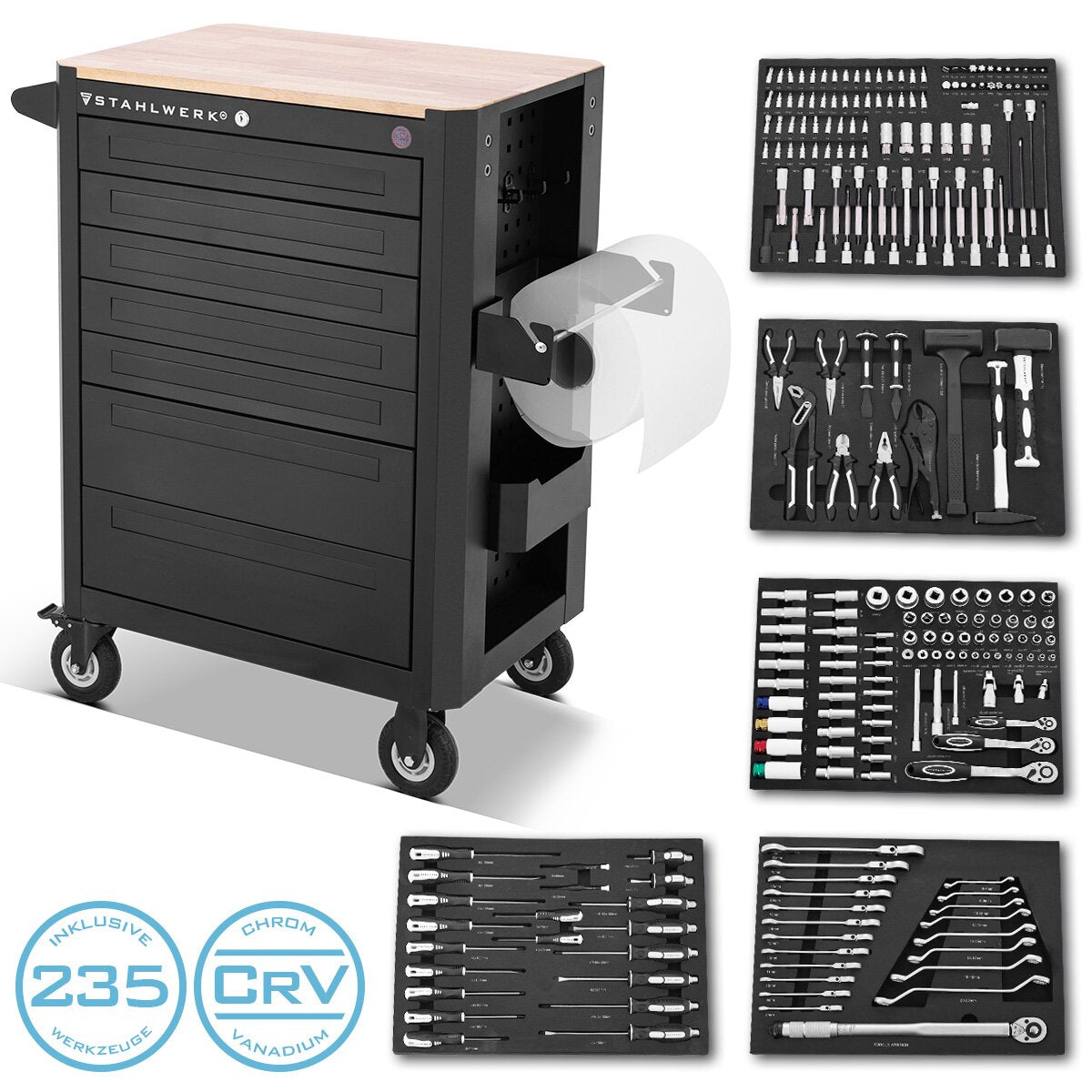 Stahlwerk workshop car crow equipped with 235 premium tools made of chrome vanadium lockable tool car | Professional assembly ducts with 7 drawers and rubberized long-life rollers