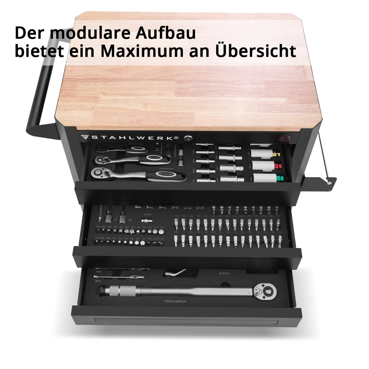 Stahlwerk workshop car crow equipped with 235 premium tools made of chrome vanadium lockable tool car | Professional assembly ducts with 7 drawers and rubberized long-life rollers