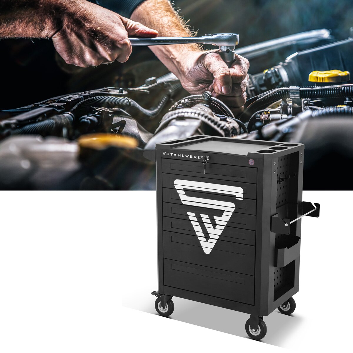 Steelworks Workshop Car Shark dotato di 235 strumenti premium realizzati in auto per attrezzi a blocchi di chiusura Chrome Vanadio | Condotti di assemblaggio professionale con 7 cassetti e rulli di lunga vita gommati