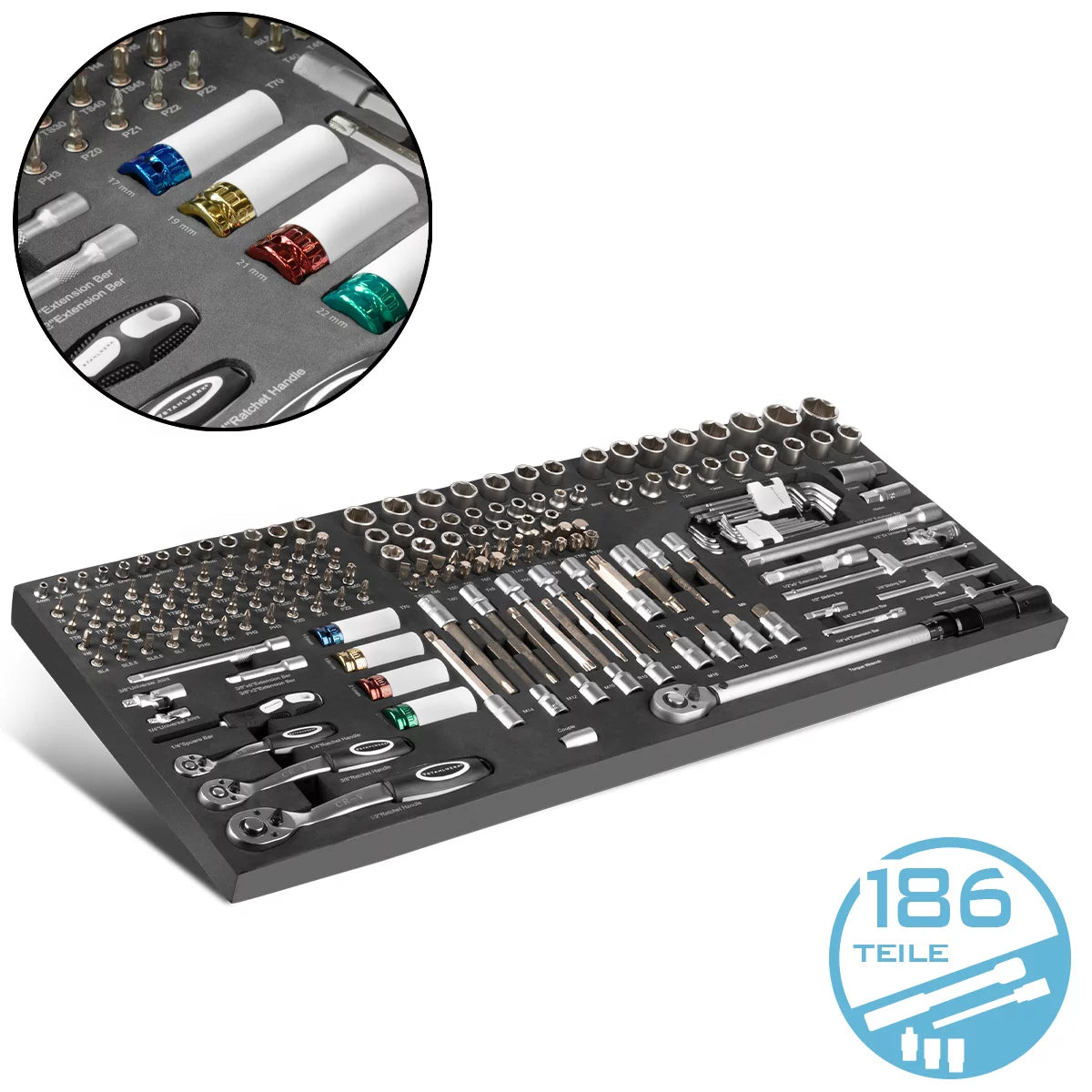 Steelworks 186-part bit and socket key set in a workshop car insert | High quality CRV tool | 3/8 ", 1/2" and 1/4 "Ratchet, bit and socket key set | with torque wrench 20-210 Nm