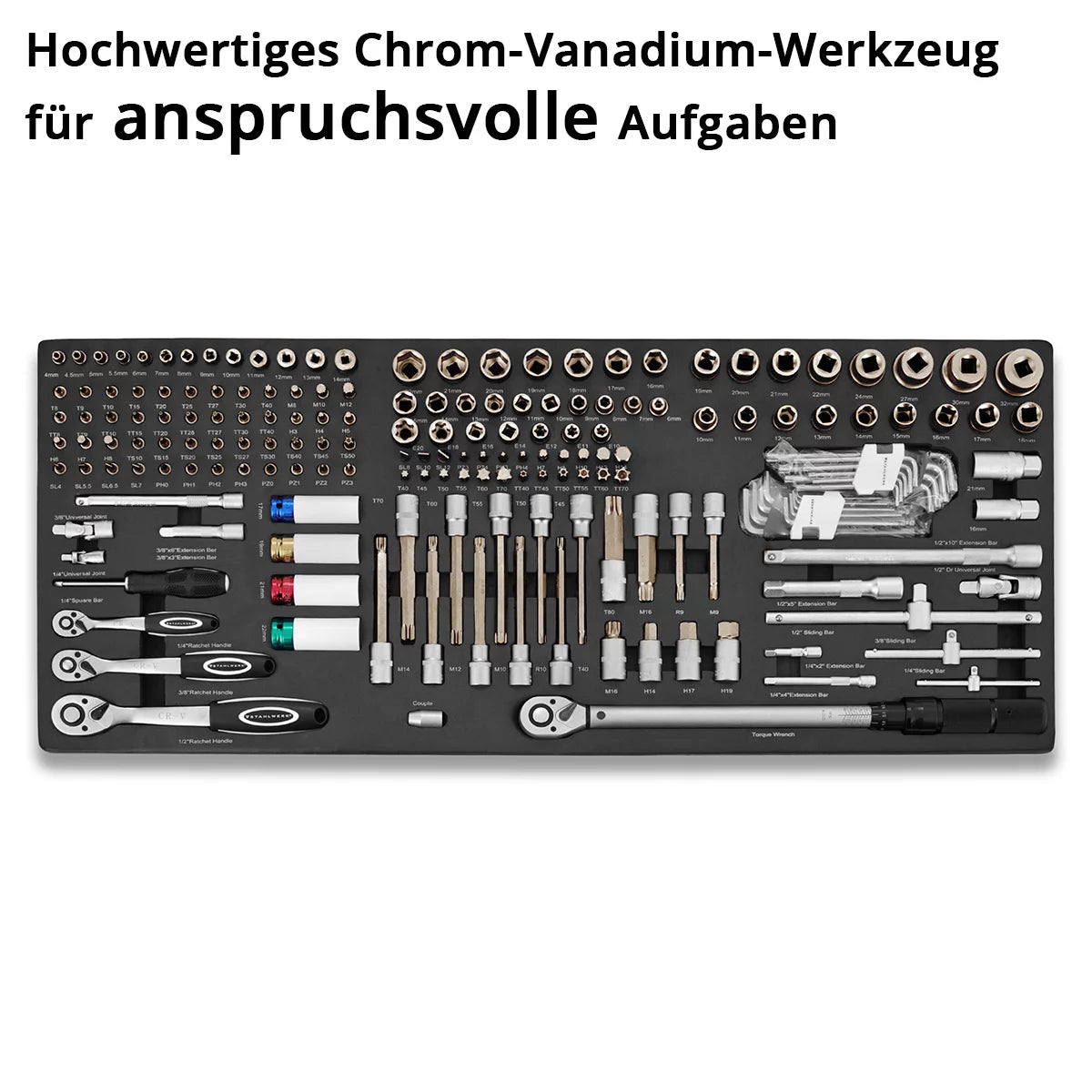 Steelworks 186-part bit and socket key set in a workshop car insert | High quality CRV tool | 3/8 ", 1/2" and 1/4 "Ratchet, bit and socket key set | with torque wrench 20-210 Nm