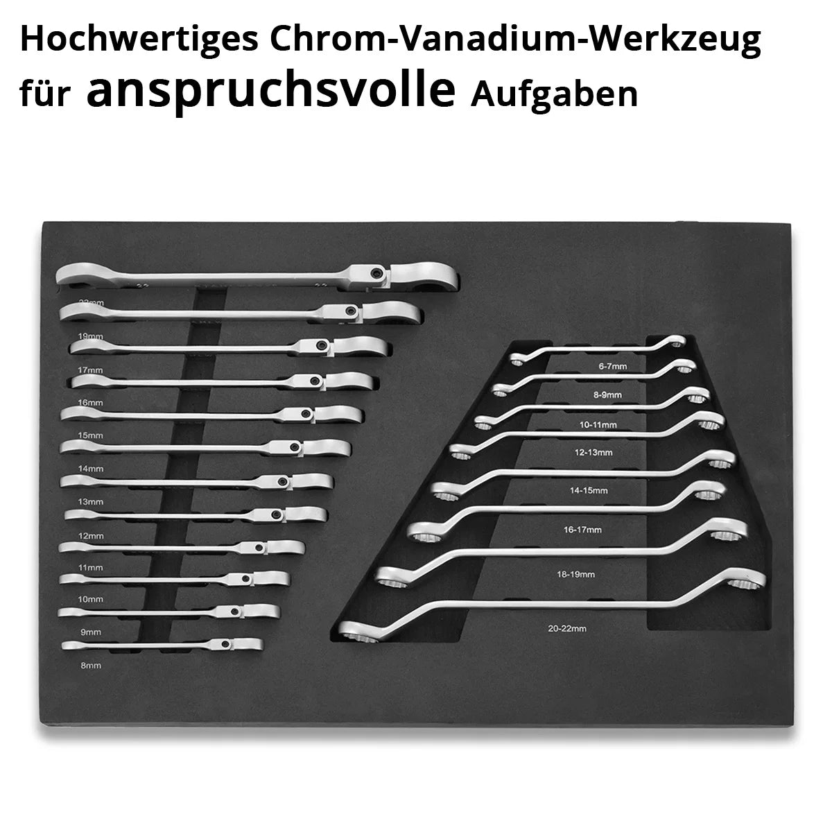 Steelworks 20-part wrench set with foam insert | For workshop car | Torque wrench and ring key set | Including tiltable mouth key | Soft foam insert