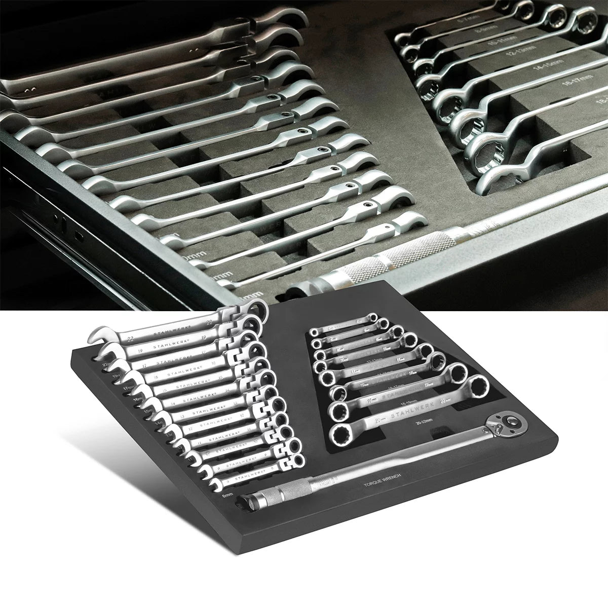 Steelwork Lluvia de 21 piezas Conjunto de llave con inserto de espuma | Para el carro de taller | Conjunto de llave de llave de par y anillo | Incluyendo la llave de boca inclinable | Inserto de coche de herramientas