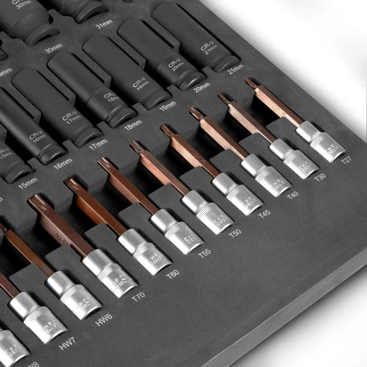 Chiave di socket da 43 parti di acciaio impostata in insert in schiuma per auto a workshop | Chiavi esagonali di alta qualità all'interno e all'esterno con una registrazione da 1/2 "| Inquinamento torsionale elevato | tutte le dimensioni comuni