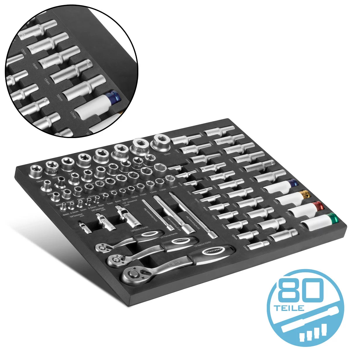 Steelworks 80-part professional socket wrench set in a workshop car insert | High quality CRV tool | Tool car insert | Perfect organization | Scarring and ratchet set | 1/4 ", 3/8", 1/2 "