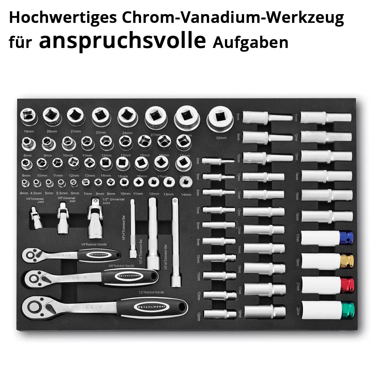 Steelworks 80-part professional socket wrench set in a workshop car insert | High quality CRV tool | Tool car insert | Perfect organization | Scarring and ratchet set | 1/4 ", 3/8", 1/2 "