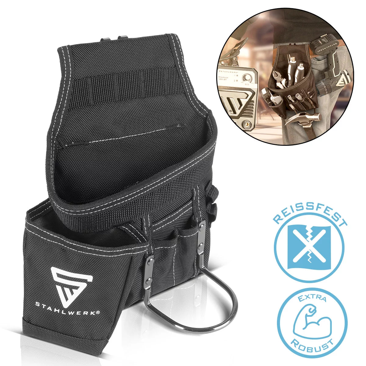 Steel mill Tool belt made of robust polyester fabric | Multifunctional tool belt bag with a spacious storage space, hammer holder, measuring tape holder | Craftsman belt | Tool bag