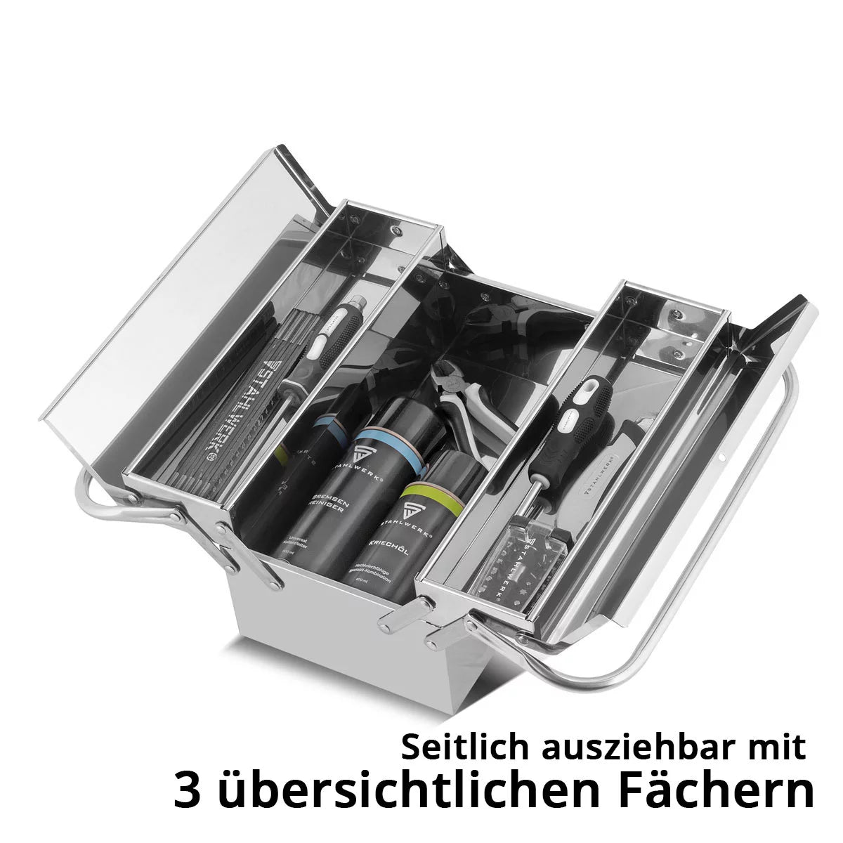Stahlwerk toolbox made of stainless steel | Metal tool box, extendable on the side | High quality toolbox empty with 5 compartments | Space-saving tool organizer without tools