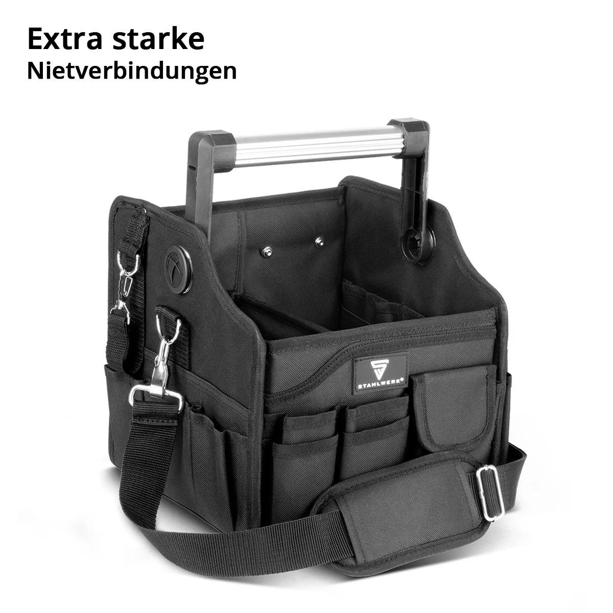 STAHLWERK tool bag with 14 outside pockets | 2 inner compartments | Heavy Duty Electrician Bag | Portable mounting bag with reinforced frame | Aluminum carrying handle and strap | Durable polyester