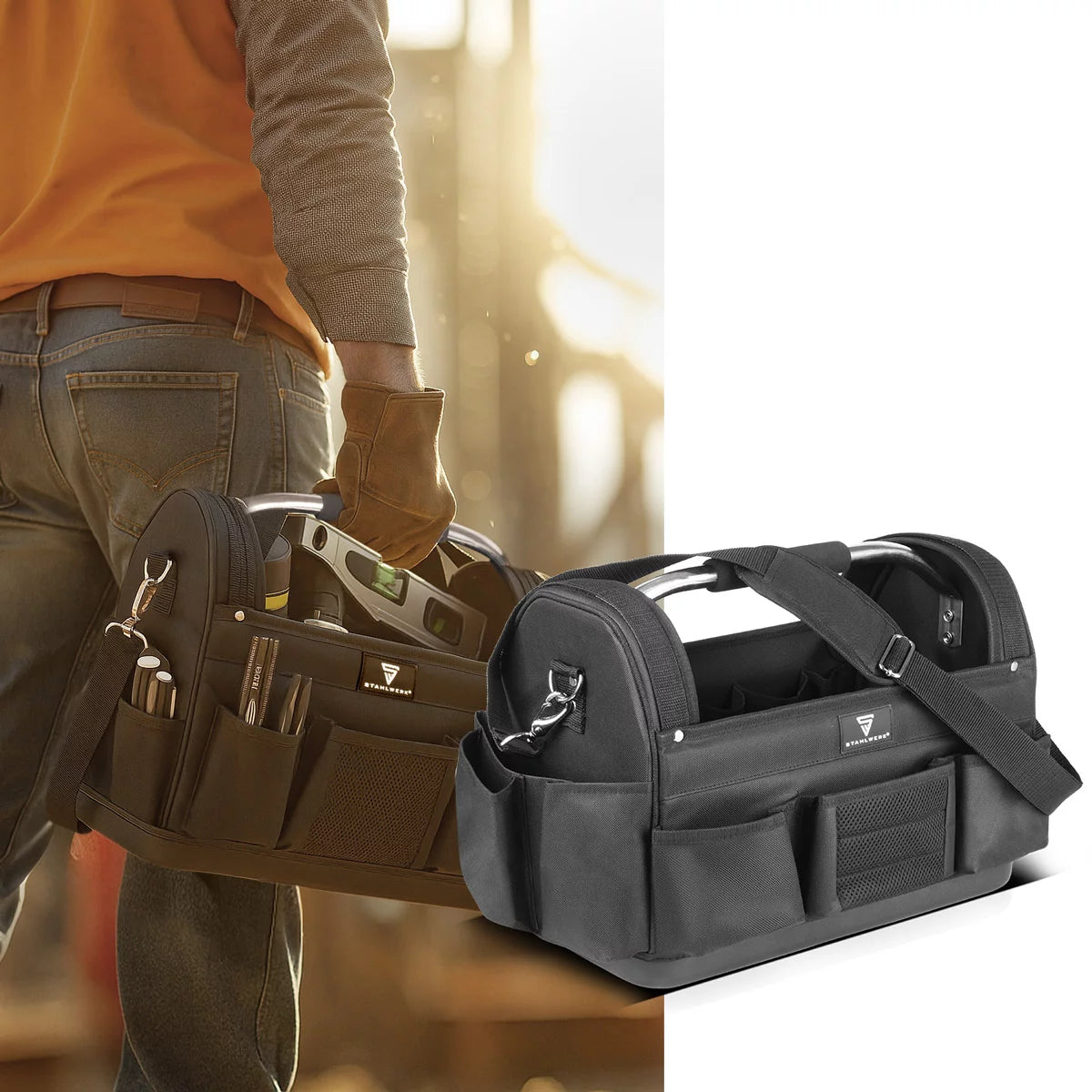 STAHLWERK tool bag | 11 outside and 10 inside pockets | Robust installer bag | Portable tool box | Assembly bag with carrying handle and shoulder strap | Durable polyester fabric