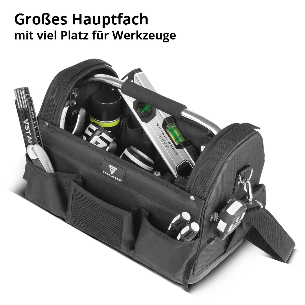 STAHLWERK tool bag | 11 outside and 10 inside pockets | Robust installer bag | Portable tool box | Assembly bag with carrying handle and shoulder strap | Durable polyester fabric