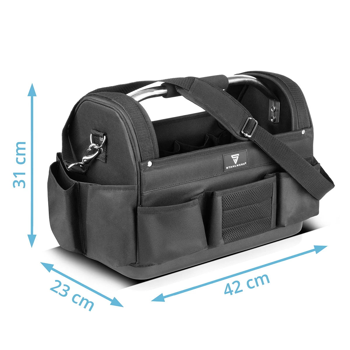 STAHLWERK tool bag | 11 outside and 10 inside pockets | Robust installer bag | Portable tool box | Assembly bag with carrying handle and shoulder strap | Durable polyester fabric