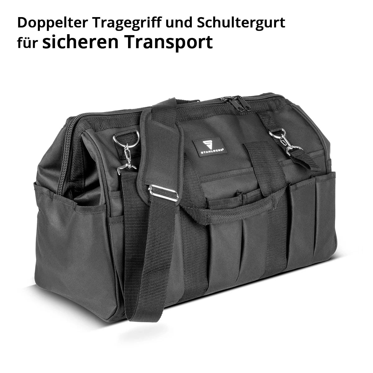 STAHLWERK tool bag | 15 external and 6 internal compartments | Wide-opening plumber bag | Portable tool box | Mounting bag with double handle and strap | Durable polyester fabric