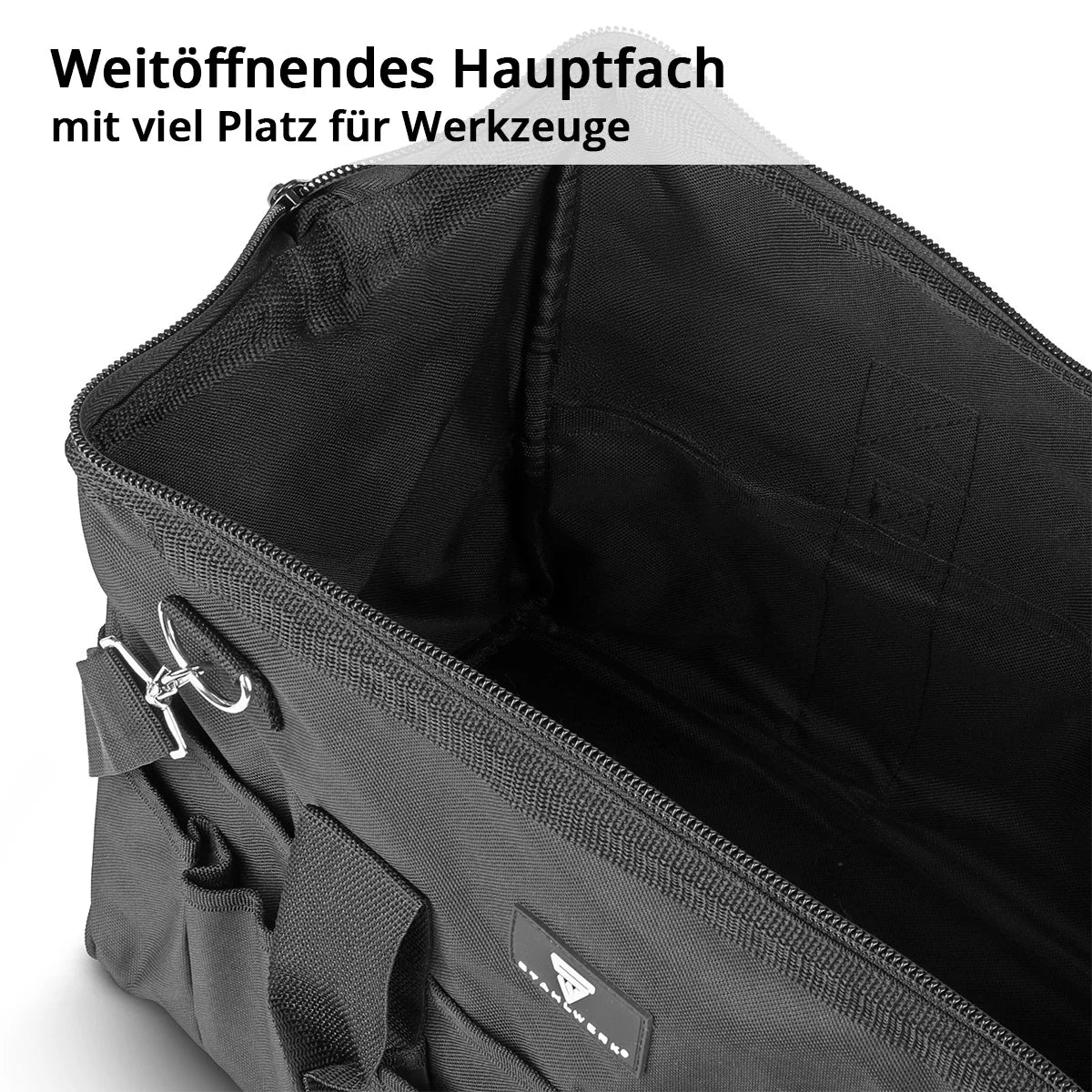 STAHLWERK tool bag | 15 external and 6 internal compartments | Wide-opening plumber bag | Portable tool box | Mounting bag with double handle and strap | Durable polyester fabric