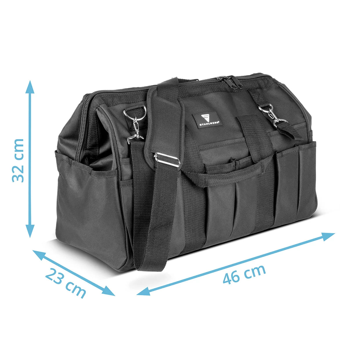 STAHLWERK tool bag | 15 external and 6 internal compartments | Wide-opening plumber bag | Portable tool box | Mounting bag with double handle and strap | Durable polyester fabric