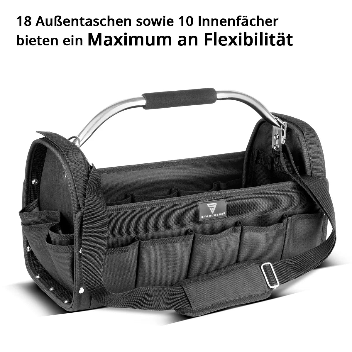 STAHLWERK tool bag | 18 outside and 10 inside pockets | Robust installer bag | Portable tool box | Assembly bag with carrying handle and shoulder strap | Durable polyester fabric