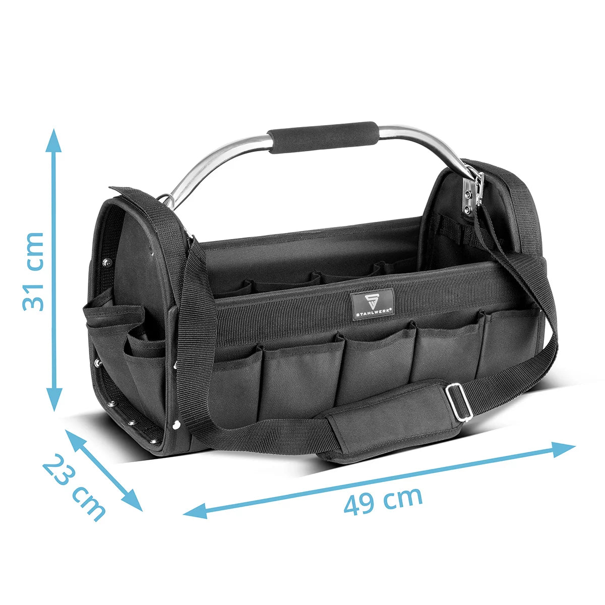 STAHLWERK tool bag | 18 outside and 10 inside pockets | Robust installer bag | Portable tool box | Assembly bag with carrying handle and shoulder strap | Durable polyester fabric