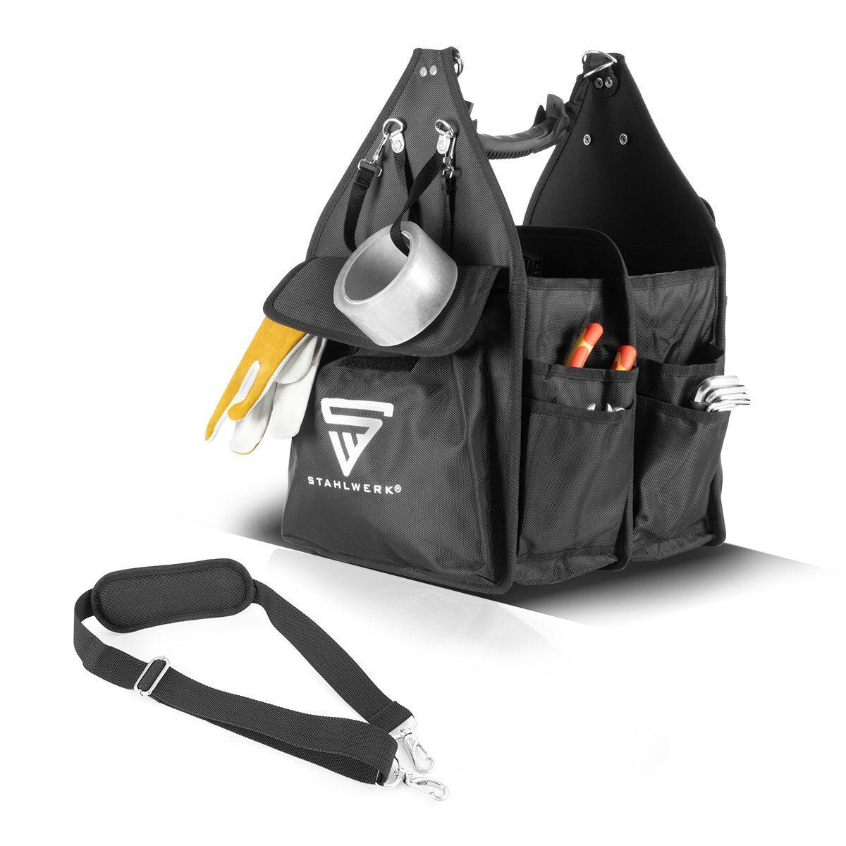 Borsa per utensili Stahlwerk con 11 tasche esterne e 2 grandi compartimenti interni con 5 tasche interne, robusto custodia per assemblaggio / borsa per utensili con manico e tracolla in tessuto durevole in poliestere
