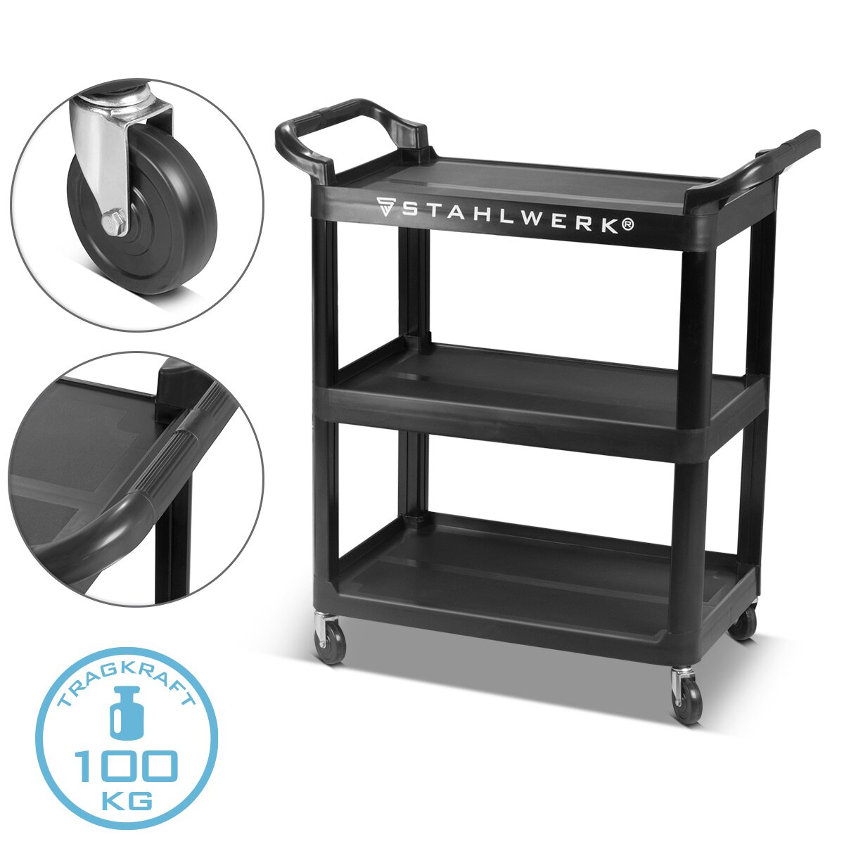 Stahlwerk Tool Car TC-92 ST con 100 kg de taller de capacidad de carga | Trot | Coche de transporte | Conductos de Monta | COCHE DE PLATAFORMA | Bowling Car con 3 áreas de carga y 2 manillar