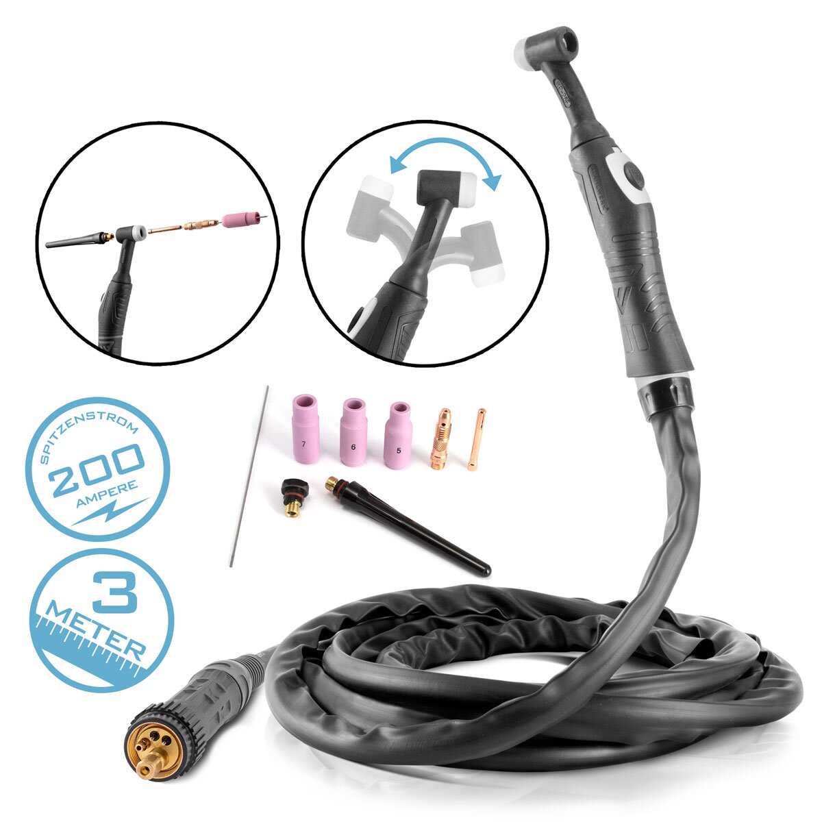 Stahlwerk WIG welding burner WP26F to 200 A with 3 m protective gas hose package, euro center connection and flex-head for MIG MAG WEISTARGEN