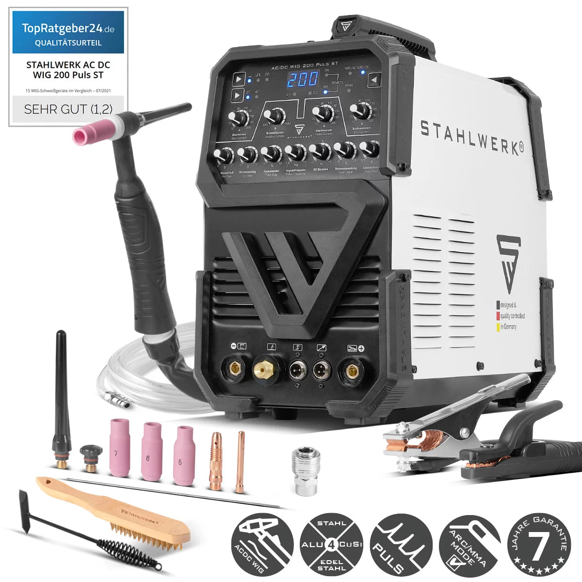 ستالويرك AC/DC TIG 200 Puls ST | ماكينة لحام TIG 200 امبير | محول تيار متردد/تيار مستمر TIG وMMA/E-hand | وضع 2T/4T | ورقة رقيقة مناسبة | وضع التيار المتردد للألمنيوم | بداية ساخنة ومضادة للالتصاق