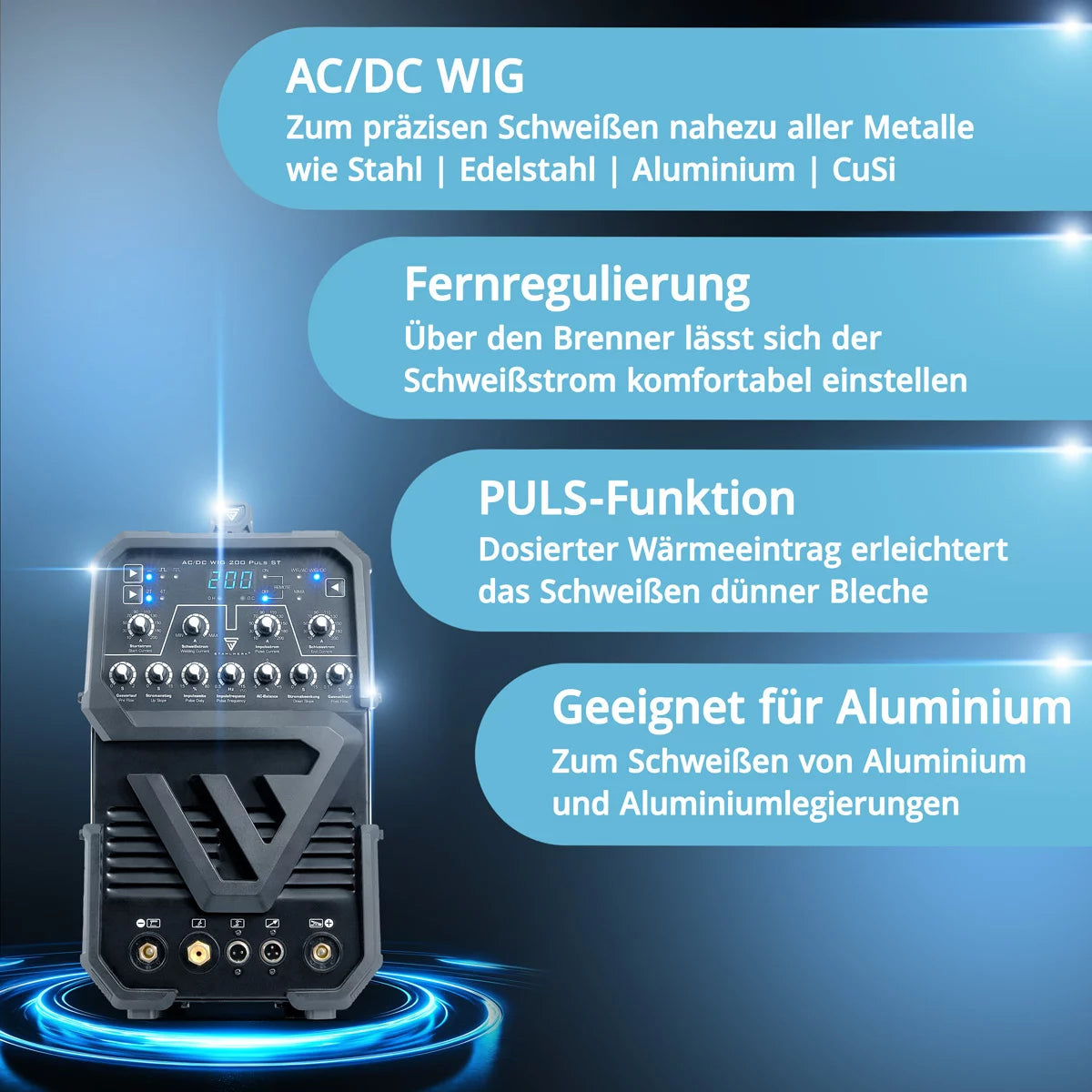 STAHLWERK AC/DC TIG 200 Puls ST completamente equipaggiato | Saldatore TIG da 200 Amp | Convertitore combinato AC/DC TIG e MMA/E-hand | Modalità 2T/4T | Adatto per fogli sottili | Modalità AC per alluminio