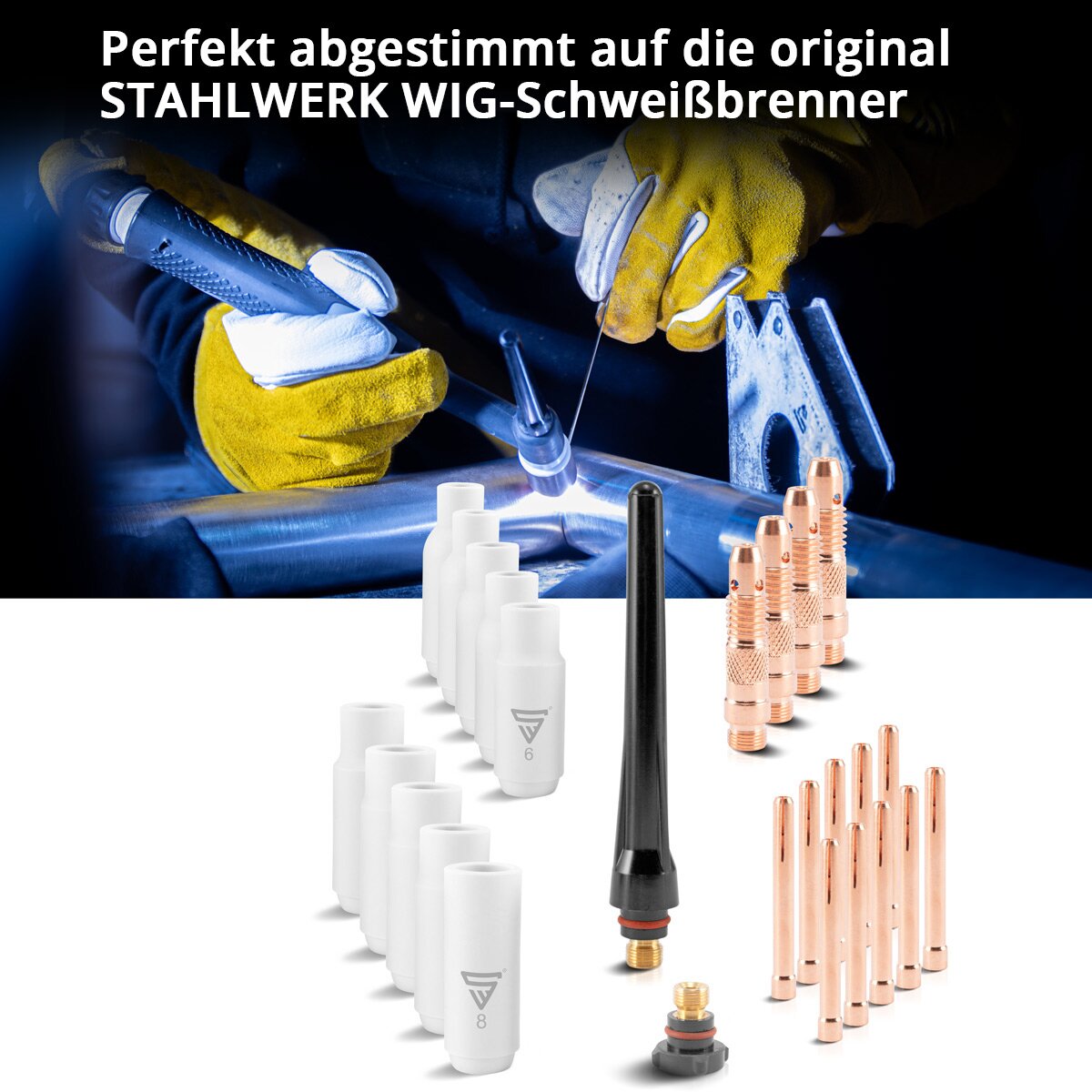 Jeu de pièces d'usure STAHLWERK WP-26 Premium TIG Accessoires de soudage 26 pièces avec buses en céramique longue durée, manchons de serrage, boîtiers de manchons de serrage et capuchons de torche pour WP | Torches de soudage SR 17, 18, 26 TIG