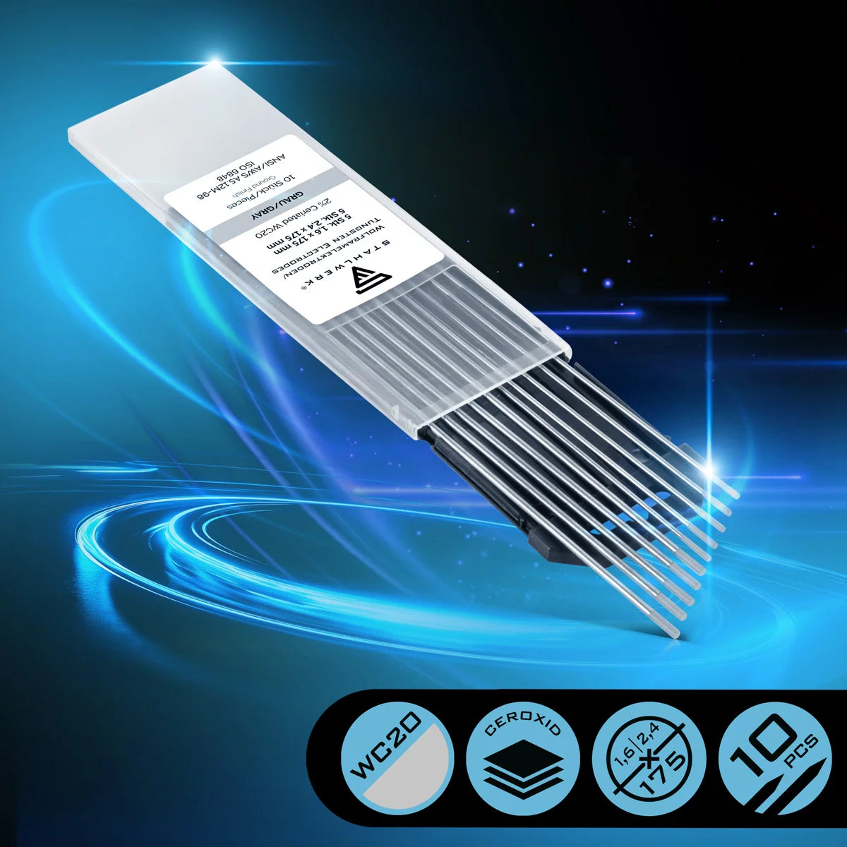 Steelworks tungsten electrodes / welding electrodes toilet WC20 gray in the set -5 x 1.6 mm + 5 x 2.4 mm